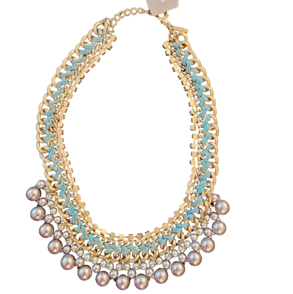 Nwtcookie Lee Goldtone Genuine Crystal Link Chain Faux Pearl Bib Collar Necklace